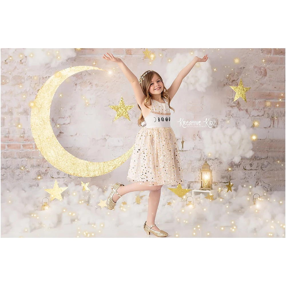 Golden Flash Crescent Moon Photo Background Old Wall Cotton Cloud Photo Studio Props Birthday Cake Smash Photography Backdrop