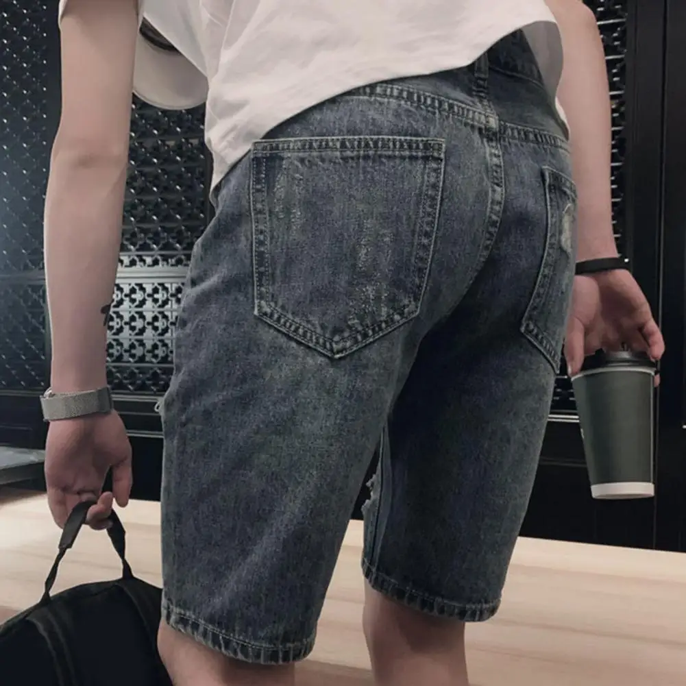 Men's Streetwear Denim Shorts Mid-rise Ripped Holes Straight Leg Knee Length with Pockets Zipper/button Fly