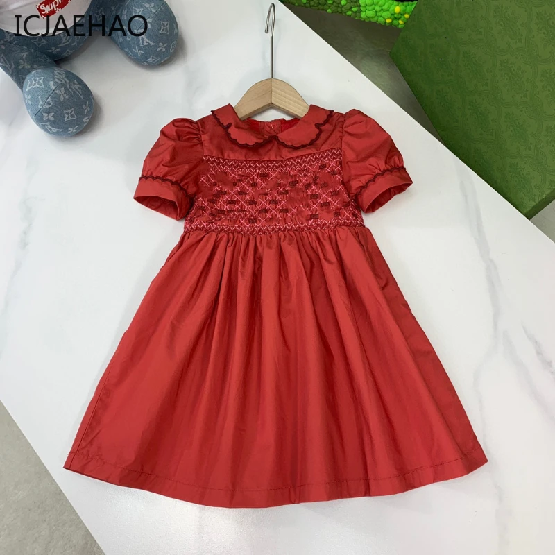 icjaehao-女の子のための刺繍入りラペルドレス、大きな業界、レトロな襟、ファッショナブルなプリンセス、照合、赤、夏、2024