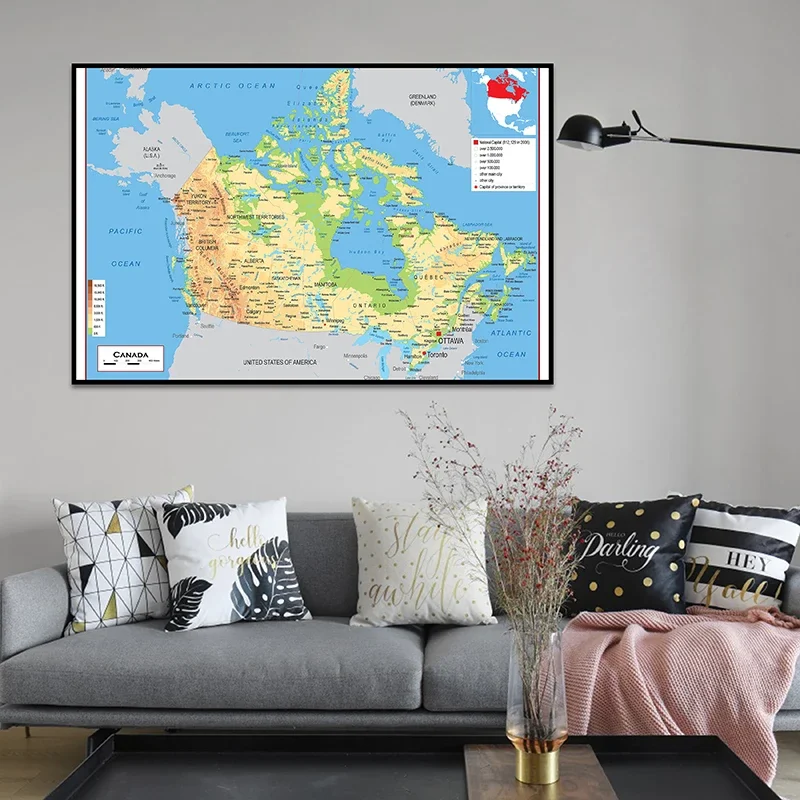 90*60cm The Canada Topographic Map In English Canvas Paintings Posters and Prints Wall Art Pictures Office Class Room Supplies