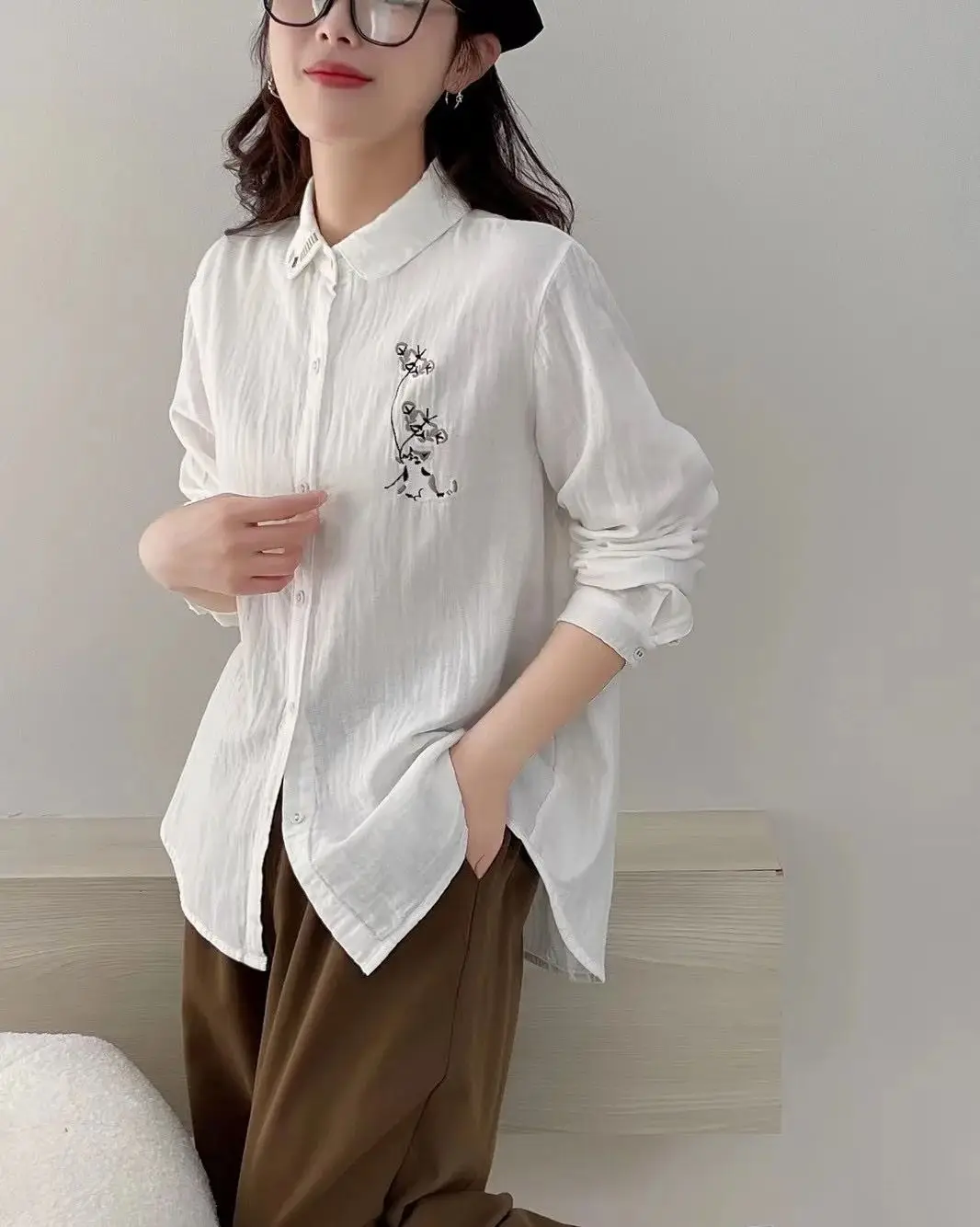 

Elegant blouses for women 2024 spring summer Japan style skin-friendly long sleeve embroidery white cotton yarn basic shirts