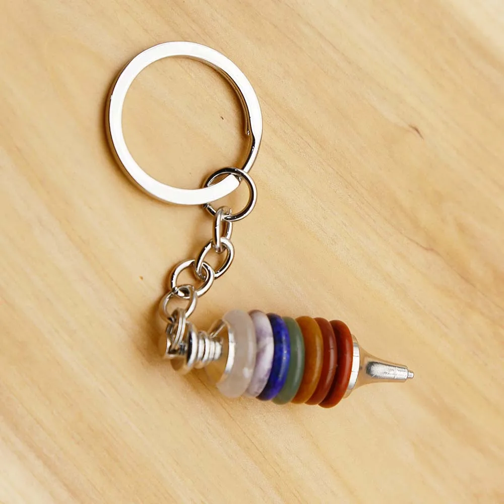Round Tapered Key Ring Colorful Natural Stone Decorative Ornaments Unisex Detachable Pendant Fashion Exquisite Car Accessories2P