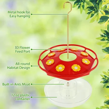 A red hummingbird feeder with labels pointing to its features: metal hook for easy hanging, 3D flower feed port, all-round habitat design, built-in ants moat, and 12 oz plastic container