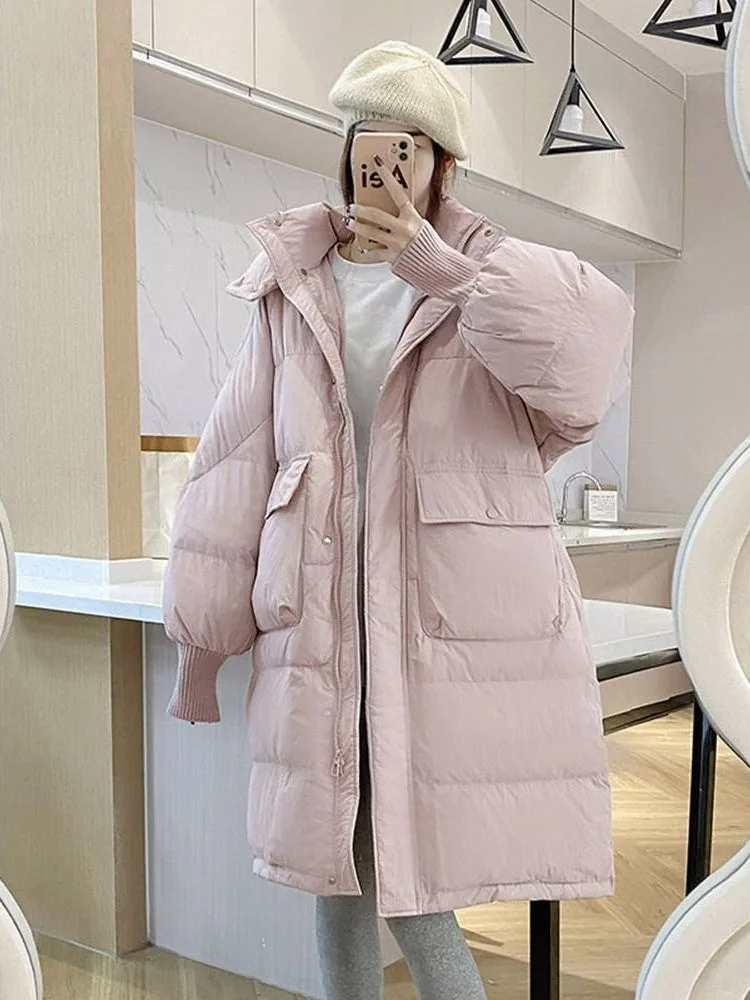 

Fashion White Duck Down Coat Women's Thickened Hooded Mid Long Winter 2023 New Loose Casual Solid Pocket Zipper Coat Female
