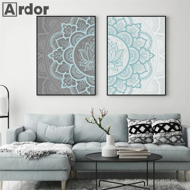 Elevate your living space with the Blue Grey Mandala Pattern Abstract Canvas Poster.