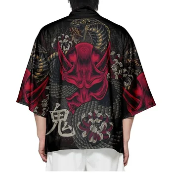 Snake Attendant Japanese Samurai Ghost Kimono 3D Printed Pattern Men and Women Harajuku Cloak Traditional Clothing Beach Shirt