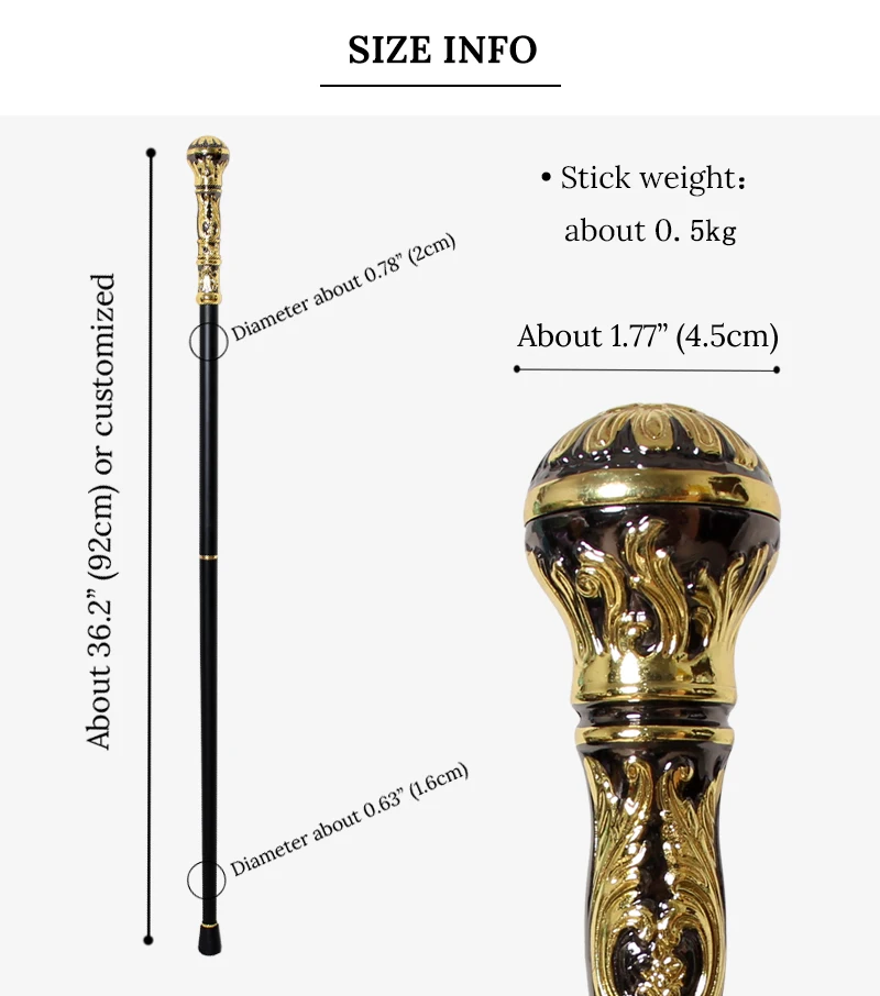 91cm Gold With Black Luxury Elegant Walking Stick Man Fashion Round Handle Walking Canes Women 2-Pieces Detachable Vintage Cane