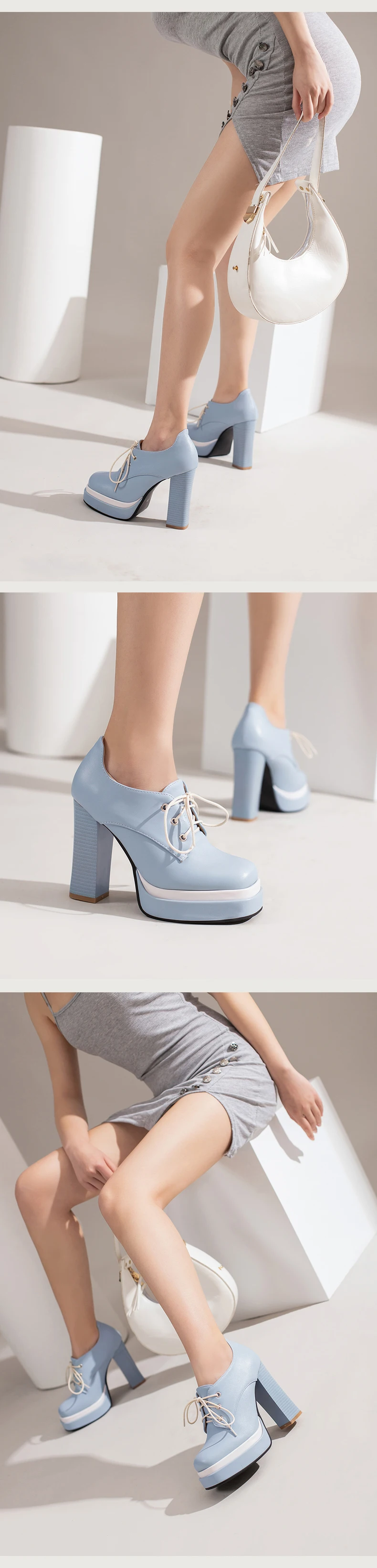 Ultra-High Thick-Heeled Lace-Up Breathable Color-Blocking Pumps Candy-Colored Cross-Laced Double-Layer Platform High Heels