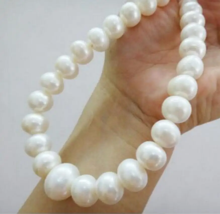 

HOT SELL 12-14 MM NATURAL Freshwater WHITE PEARL NECKLACE 14K GOLD CLASP