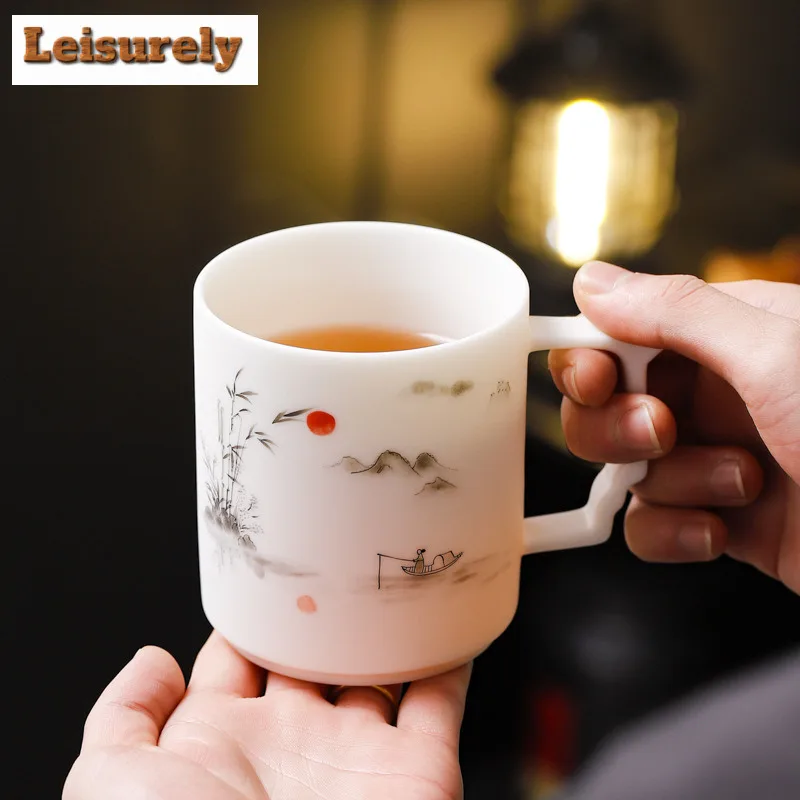 350ml Hand-painted Biscuit Firing Mutton Fat Jade Porcelain Filter Tea Separator Cup Tea Mug With Infuser Tea Brewing Water Cup