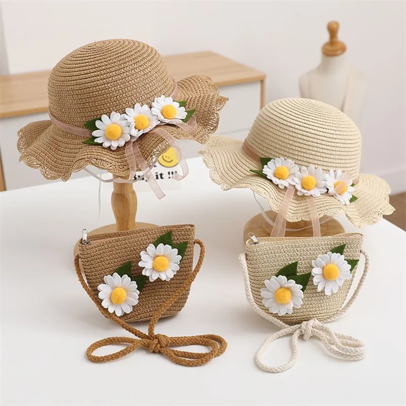 1 Pcs Summer Straw Hats Girls Flower Wide Brim Hat And Shoulder Bag Set Princess Beach Travel Sun Protection Fisherman Caps