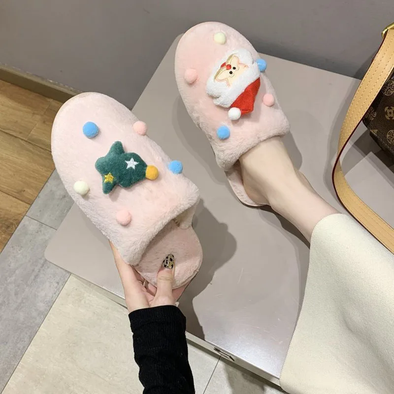 Christmas Cotton Slippers Women Shoes Winter Comfort Slides Plush Thicken Original Ladies Shoes Warm Plush Woman Cotton Slippers