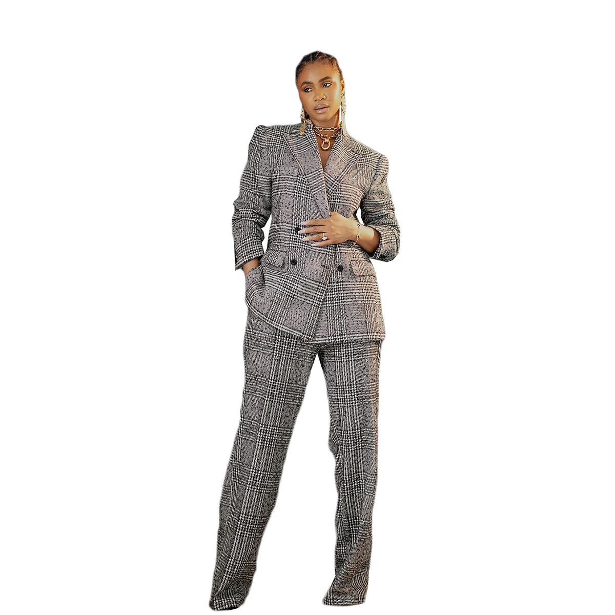 Women Suits Autumn Blazer Jacket Fashion Plaid Double Breasted Work Tuxedos Set Coat Office Lady 2 Pieces Customize