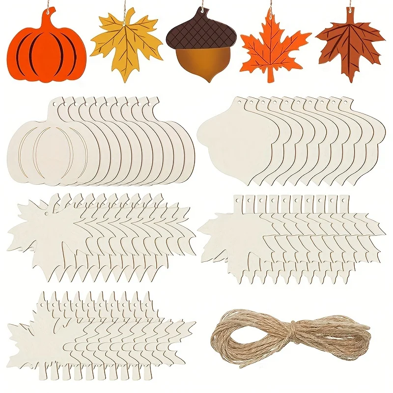 

50 Pieces Thanksgiving Unfinished Wooden Ornaments Maple Leaves Pumpkin Pine Nut,School Drawing Material Wood Cutout Blank