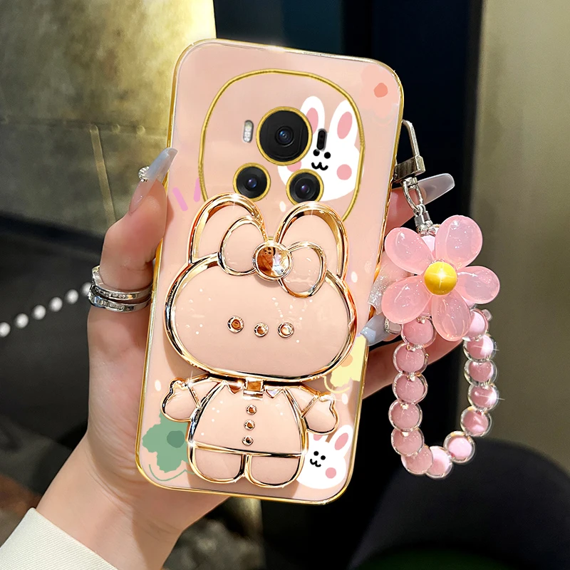 Luxury Flower Strap Rabbit Mirror Phone Holder Case