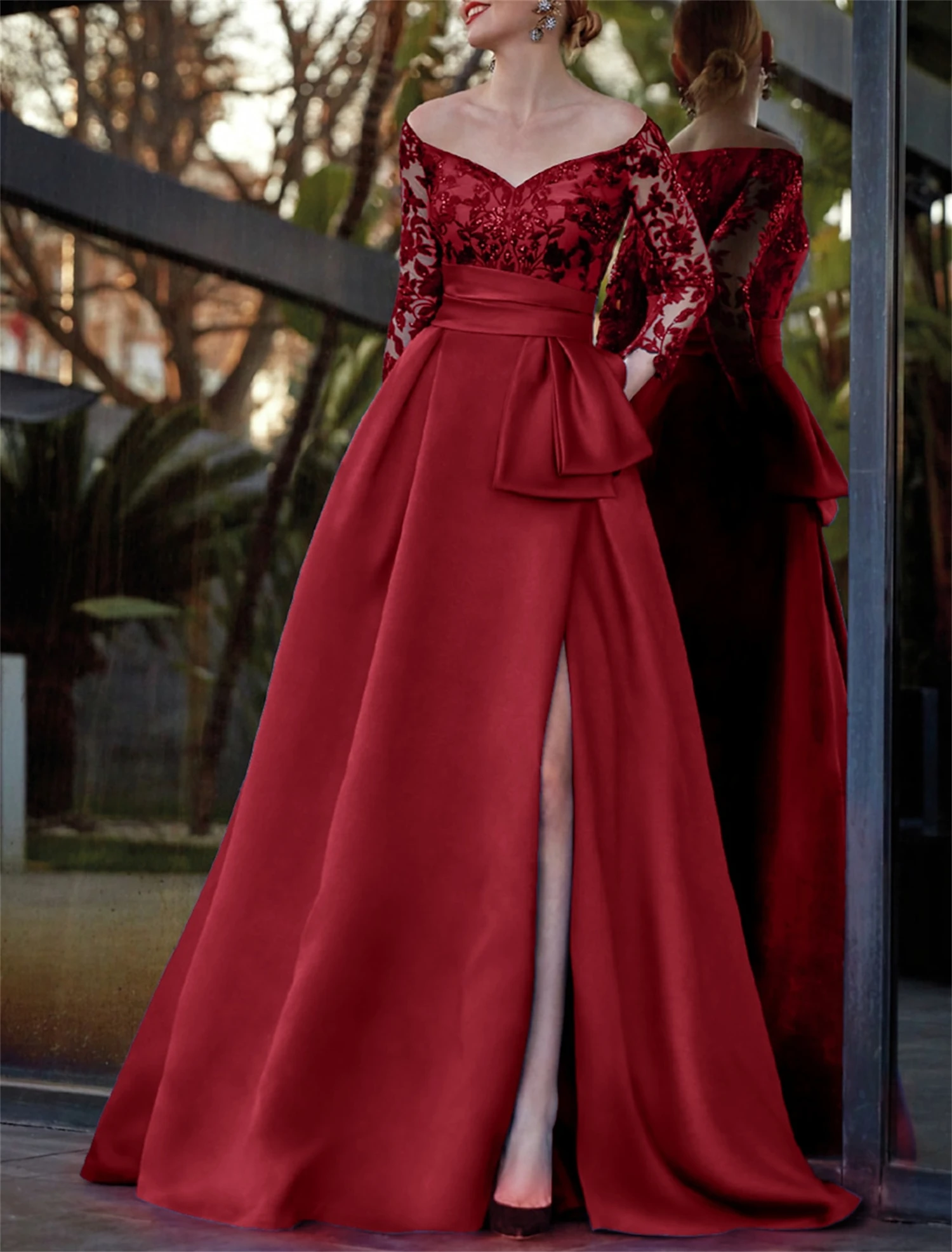 Satin Prom Dresses 2023 Slit Women's Evening Dresses for Special Events Mom Dress Grace Lace Elegant Guest Wedding Dress Line A