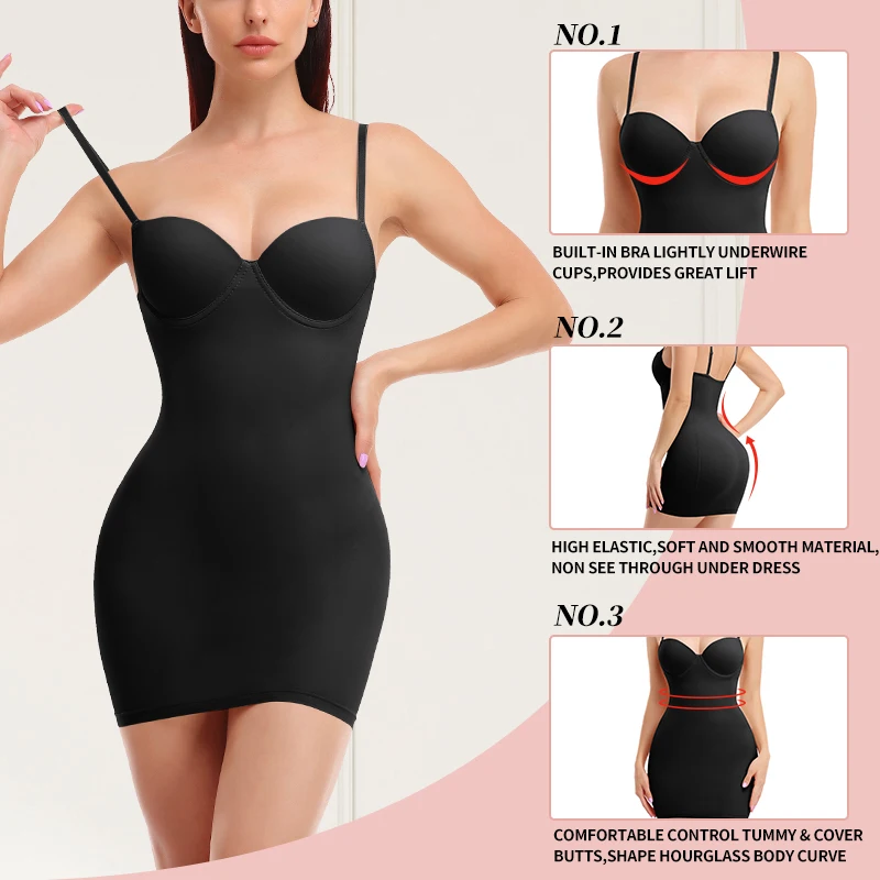 Women Full Slips Basic Under Dress Adjustable Straps Cami Seamless Smooth Tummy Control Body Shaper Built In Bra Deep V Bodycon body shaper