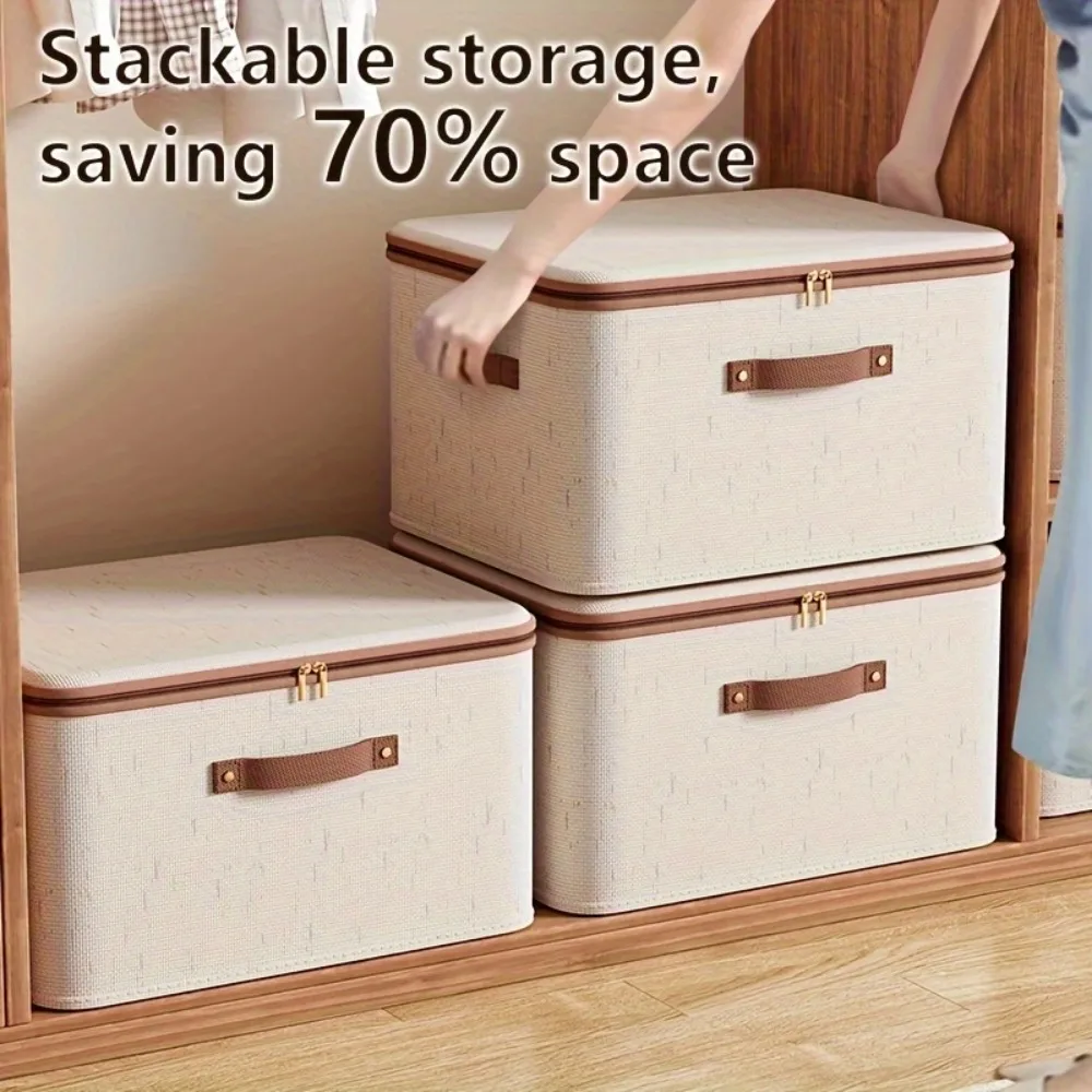 Foldable Linen Storage Box with Double Zippers and Faux Leather Handle, Large Capacity Under-Bed Storage Basket with Lid