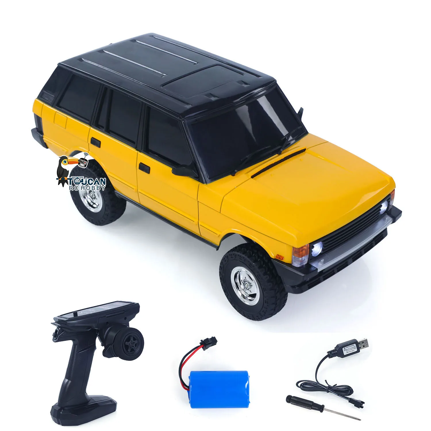 Voiture RC tout-terrain LDRC LD18401 1/18 4x4 RTR jaune en action sur un terrain rocailleux, parfaite pour le crawling.