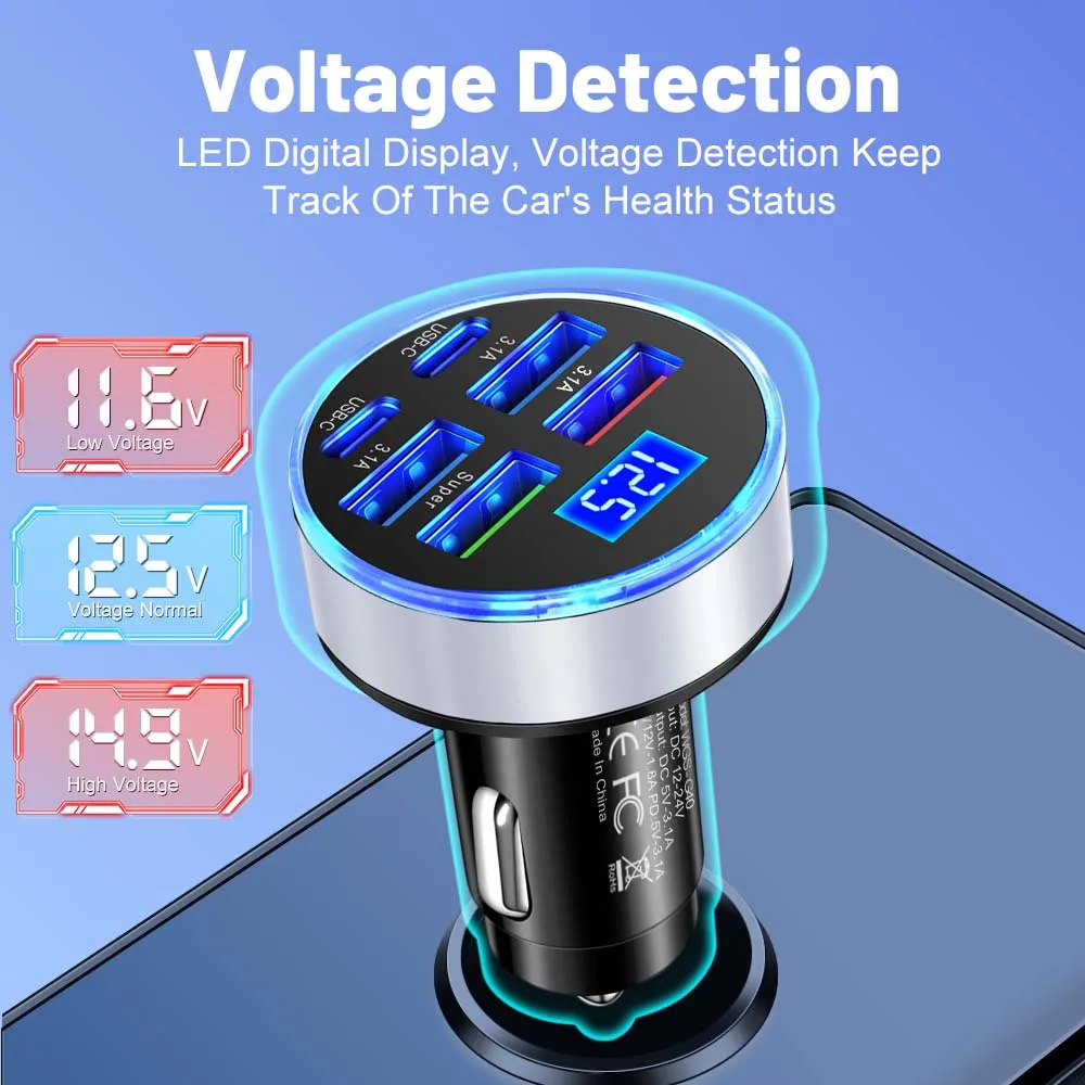 Total 150W USB C Car mobile phone Charger Adapter 4USB+2PD Super Fast Charge with Voltage Monitor for iPhone Samsung