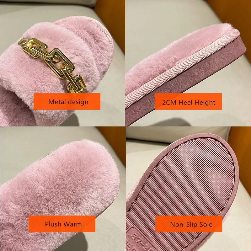 Winter Plush Slippers Women Fashion Open Toe Solid Color Women's Slides Metal Chain Indoor Casual Floor Warm Slippers Home Shoes