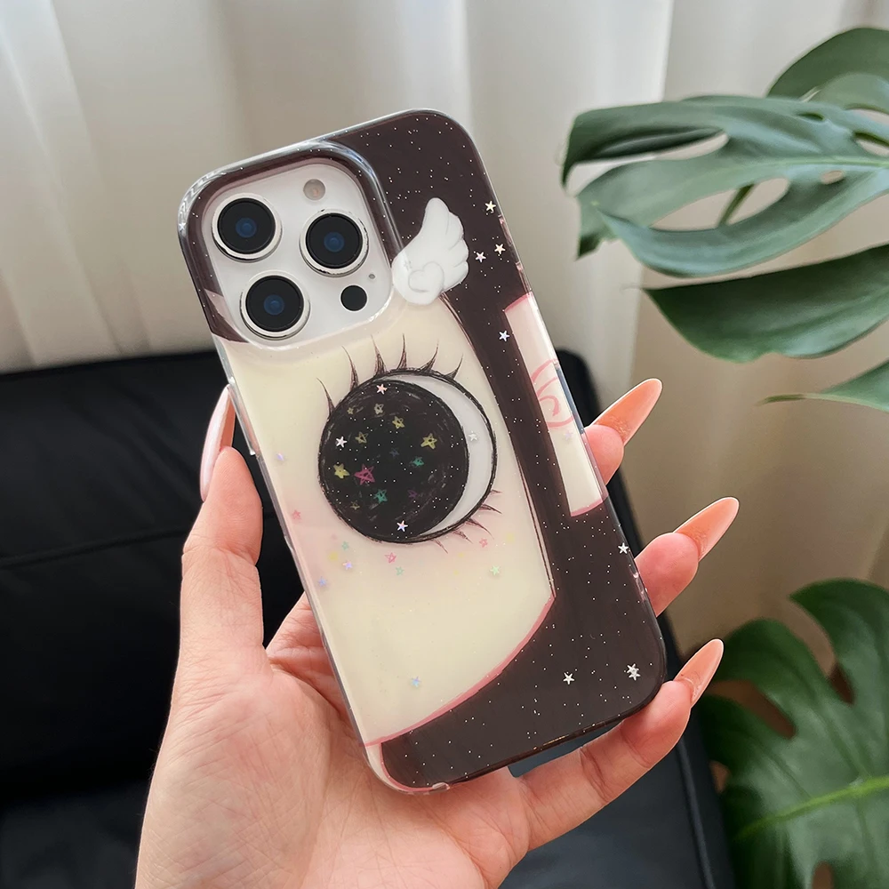 INS Fashiy Cute Big Eyed Girl Phone Case with Feather Texture Back Cover