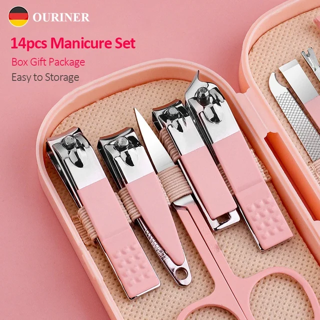 14-teiliges Deluxe-Maniküre- und Pediküre-Set, rosa und blaue Nagelschere aus Edelstahl, Haarschneidemaschine, Ohrgrabenlöffel für Männer und Frauen