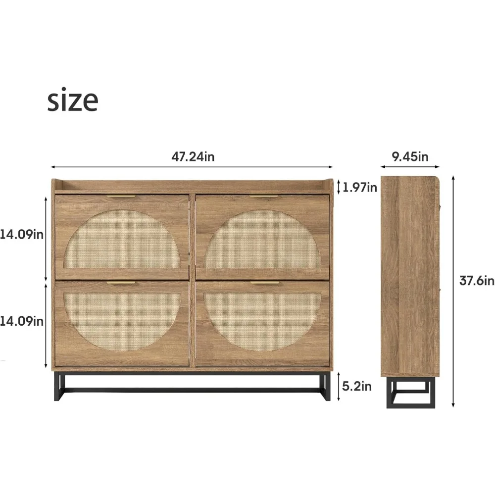 Rattan Shoe Storage Cabinet with 4 Flip Drawers, Freestanding Shoe Organizer with Metal Legs for Entryway, Rustic Oak Rattan 6