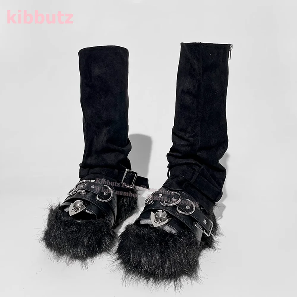 

Fur Belt Buckle Round Toe Flat With Mid Calf Boots Back Zippers Solid Black Winter Warm Fashion Sexy Concise Women Shoes Newest