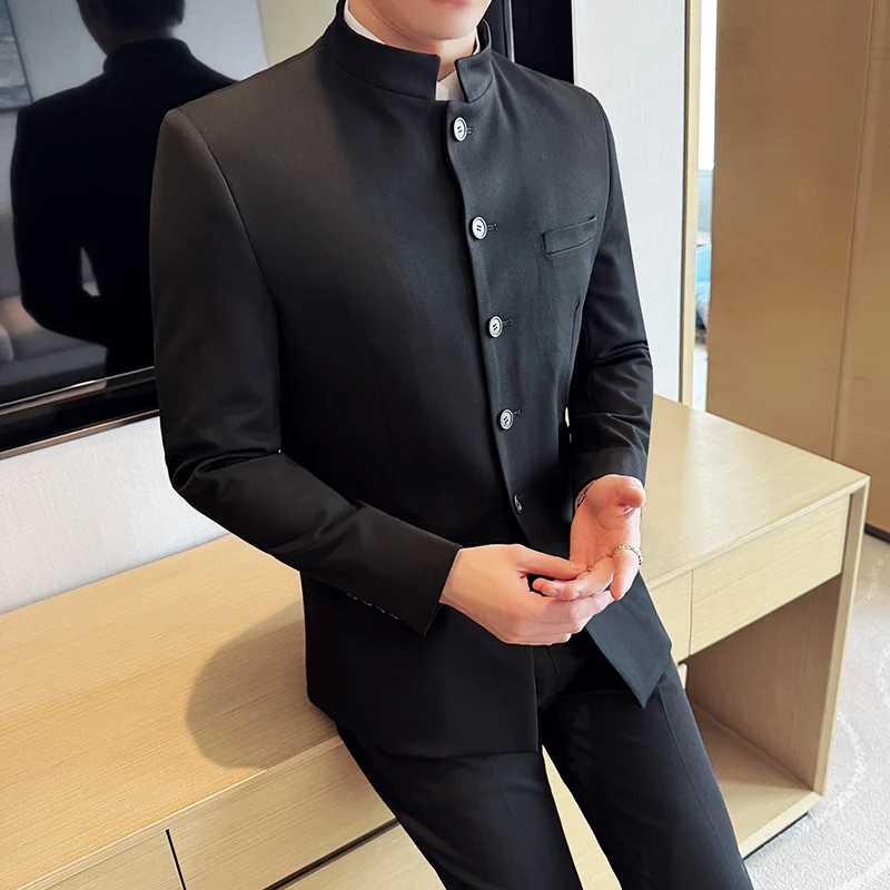 Chinese Style Stand Collar Suit 2-piece Set Men's Elegant Zhongshan Suit Business and Leisure 2-piece Set (jacket+pants)