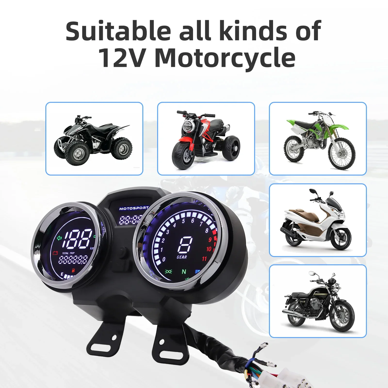 

M Universal LCD Motorcycles Speedometer Digital Panel Tachometer Gauge Waterproof Fuel Meter Dashboard Odometer for Suzuki GN125