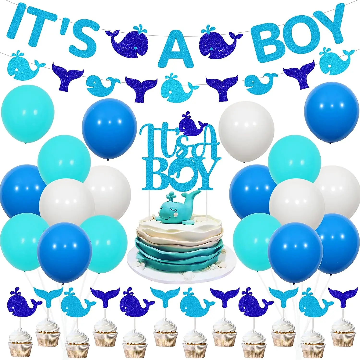 Whale Baby Shower Decorations It'S A Boy Nautical Banner Whale Balloons Cake Topper For Boys Shark Theme Gender Reveal Supplies