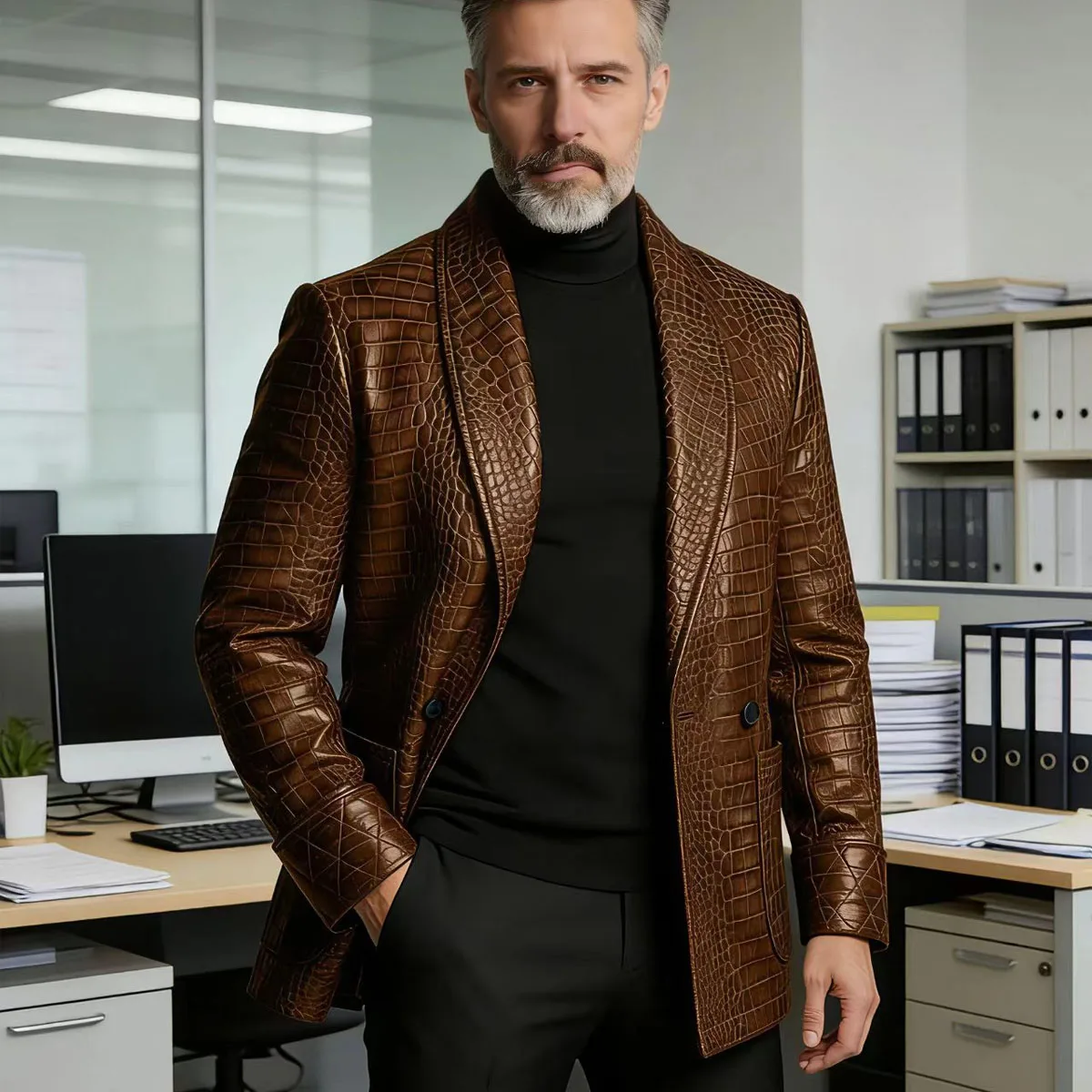 Men's Crocodile Embossed Leather Blazer Double Breasted Business Casual Brown Jacket Office Wear Formal Plus Size Suit Coat