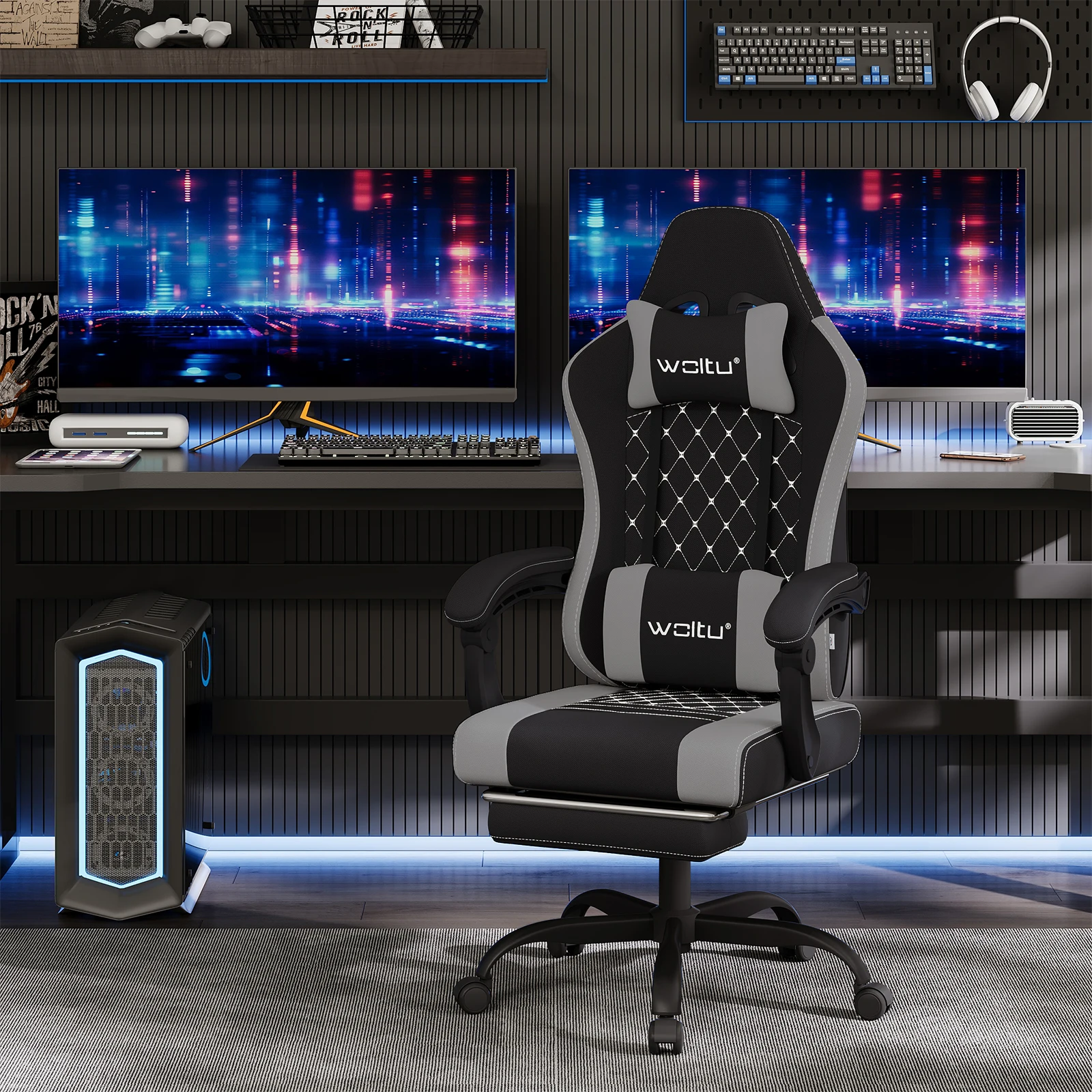 WOLTU Gaming-Stuhl, ergonomisch, drehbar, für Computer, Gamer, Massage, Bürostuhl mit Kissen, Fußstütze, verstellbare Kopfstütze, Lordosenstütze – Detail 22