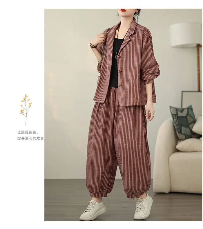 Retro Stripe Cotton And Linen Suit 2024 Women's Autumn Temperament Casual Wide Leg Harem Pants Loose Oversized 2 Piece Set K2478
