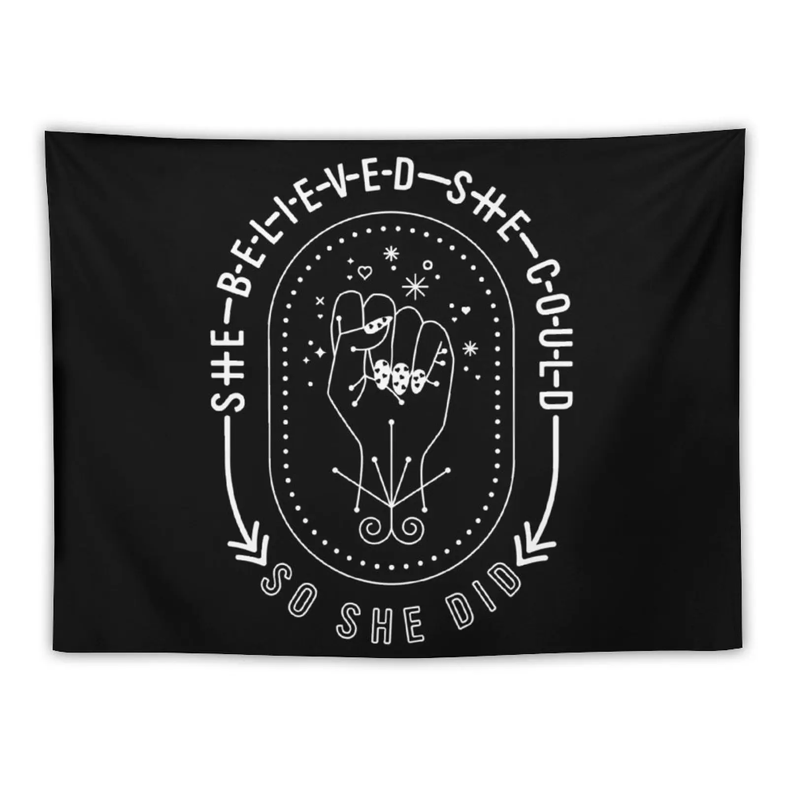 

New She Believed She Could So She Did – White Ink on Black Tapestry Bedroom Decor Room Decor For Girls Bedroom Decorations
