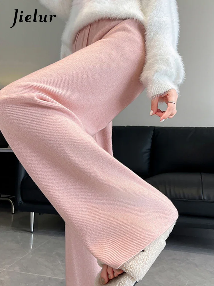 Jielur Knitted Lace-up High Waist Women Pants Simple Fashion Streetwear Straight Loose Casual Solid Color Female Wide Leg Pants