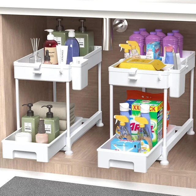 Under Sink Organizers And Storage, 2 Tier Sliding Under Bathroom Cabinet  Organizer With 4 Hooks 1 Hanging Cup Multi-use