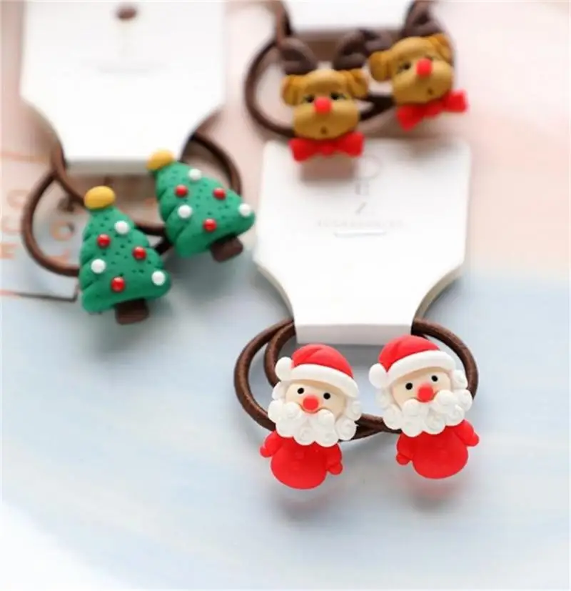 2pcs Cute Cartoon Christmas Elk Elastic Hair Bands Rubber Hair Rope Tie Girls Scrunchie Ponytail Holder Gum Accessories