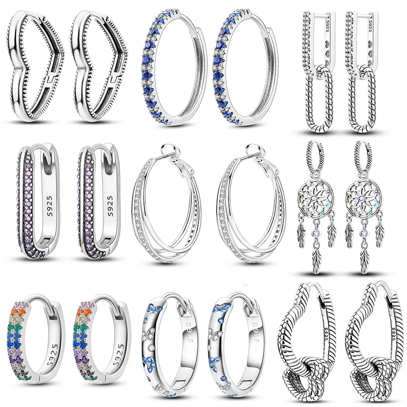 Trend Original Me Silver 925 Round Circle Feather Dangle Hoop Earrings for Women Fashion Zircon CZ Earing Hoop Jewelry silver hoop earrings