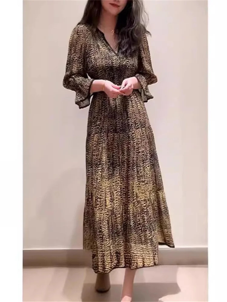 

Женское винтажное платье миди, длинное платье с цветочным принтом, V-образным вырезом и рукавами-фонариками, весна-лето 2024