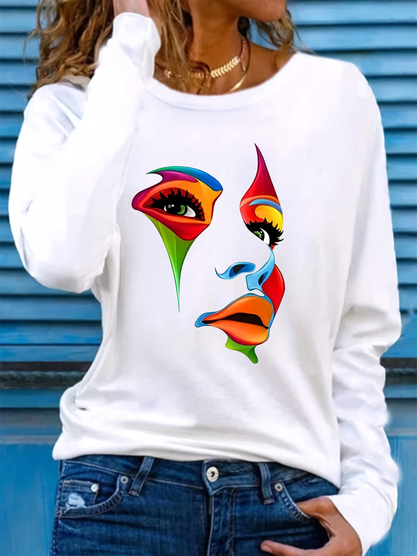 100% pure cotton women's spring and autumn casual fashion long sleeved portrait graphic printed round neck T-shirt 2
