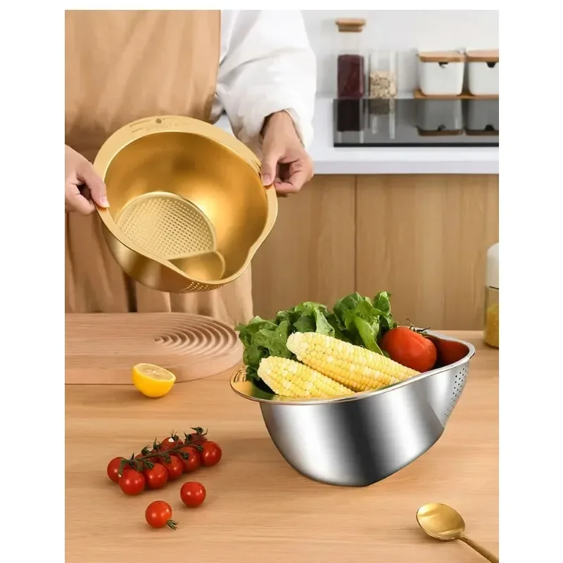 304 Stainless Steel Rice Washer Strainer Bowl Rice Washing Bowl Rice Sieve Colander Fruit And Vegetable Strainer Kitchen Tools L