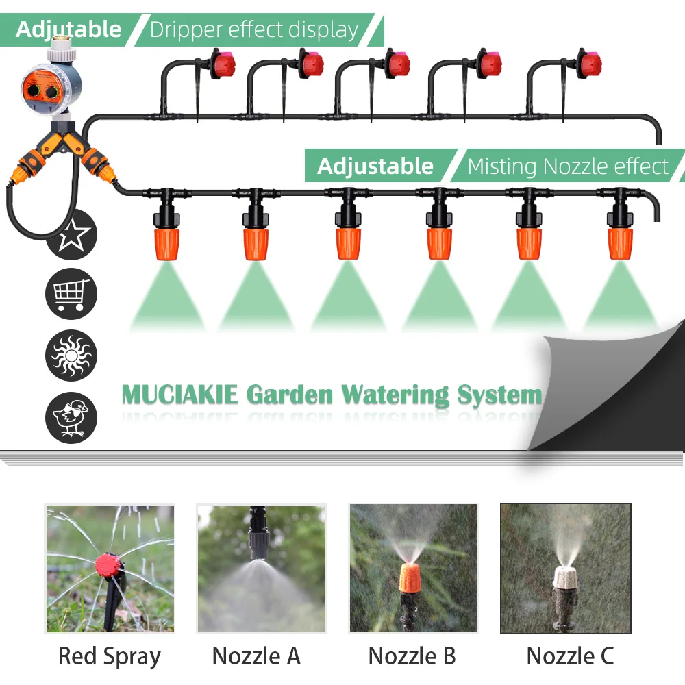 MUCIAKIE 30-50M Garden Watering Irrigation System Drip Kit Adjustable Misting Nozzles Automatic Spray Outdoor Greenhouse Yard