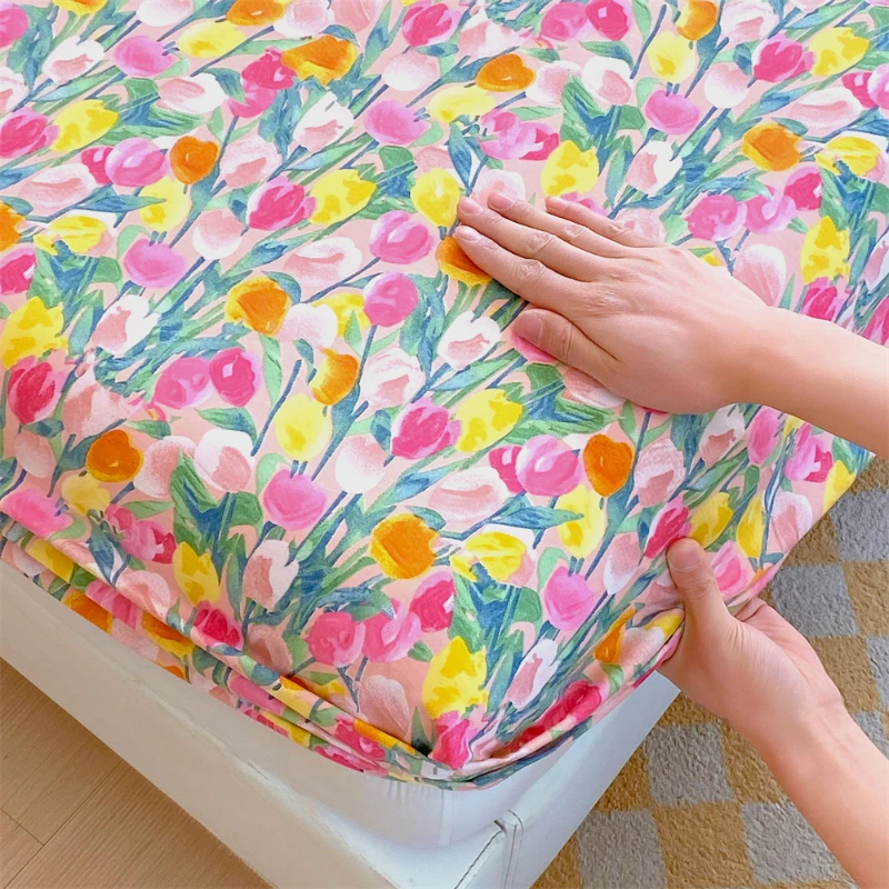 2025 New All-cotton Single Bedding Printed Tulip Bedspread Skin-friendly Breathable Mattress Cover 360 Degree Wrap with Elastic 4