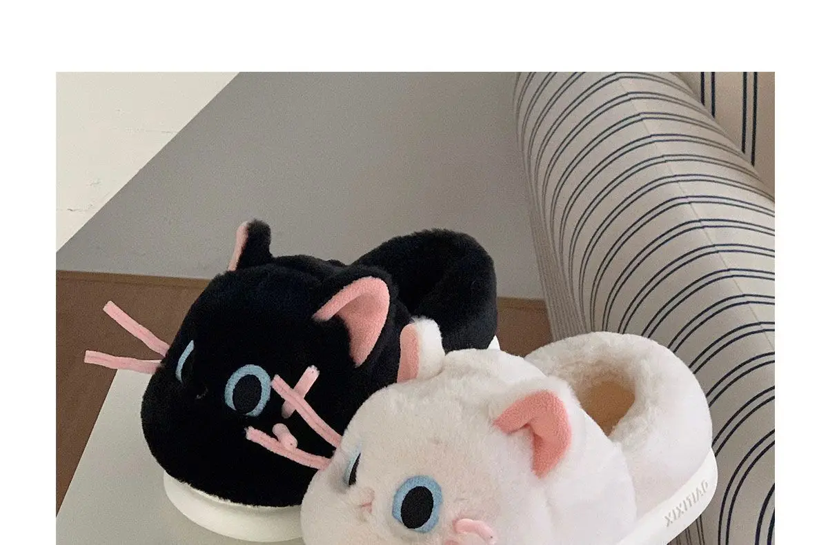 Schöne schwarz weiß 3D Katze Ohr Plüsch Hausschuhe Indoor Haus Tier Kitty Schuhe Frauen Slip-ons Pelz Pantoletten Chausson Chat – Detail 15