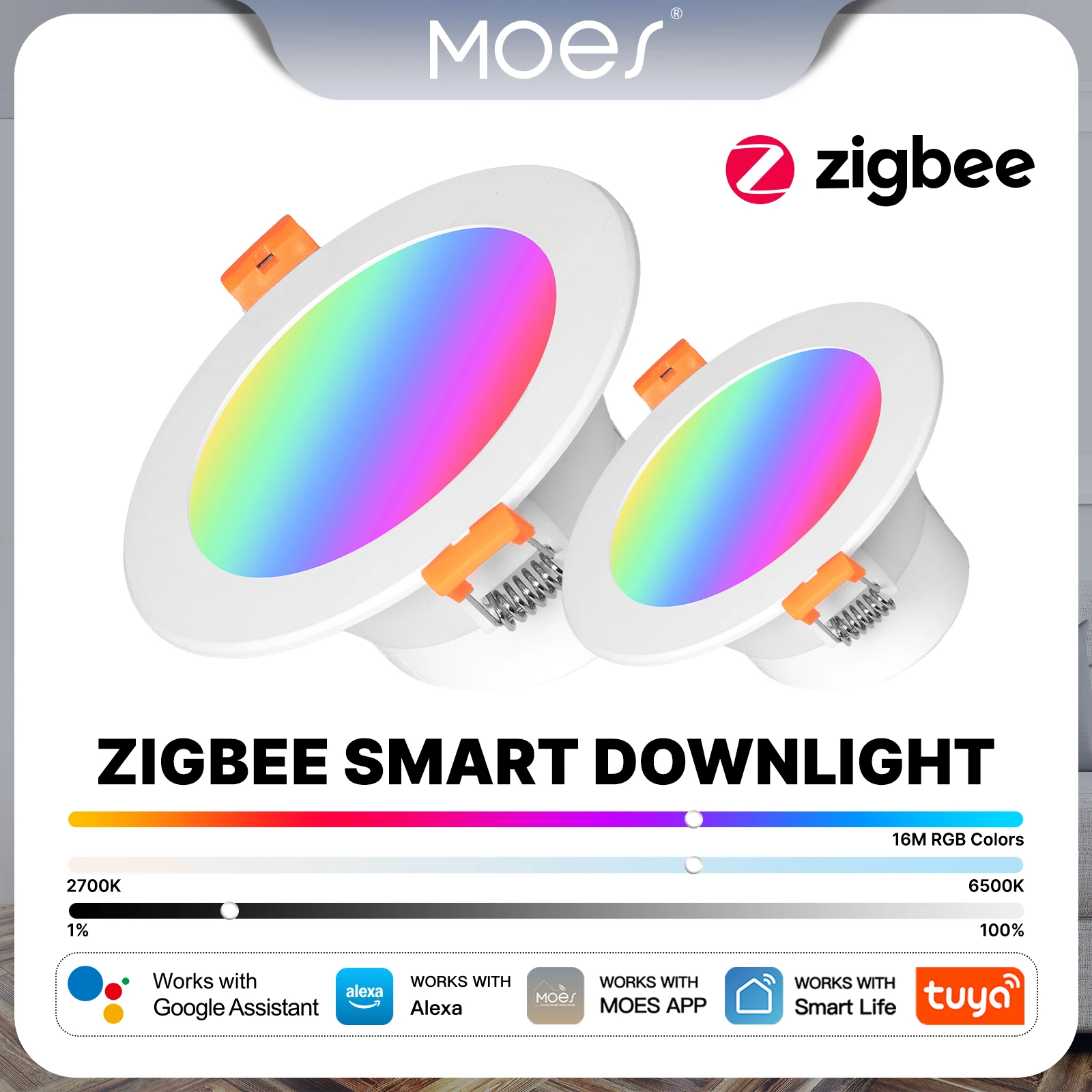 MOES Tuya ZigBee-focos LED redondos inteligentes, lámpara de atenuación de Color RGB de 9W/12W, 2700k-6500k, funciona con Alexa y Google Home