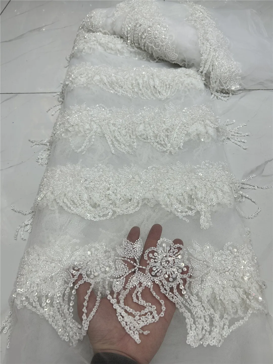 African Heavy Beaded Lace Fabric Nigerian Sequin Pearl Lace French Tulle Fabric Wedding Party Dress Sewing