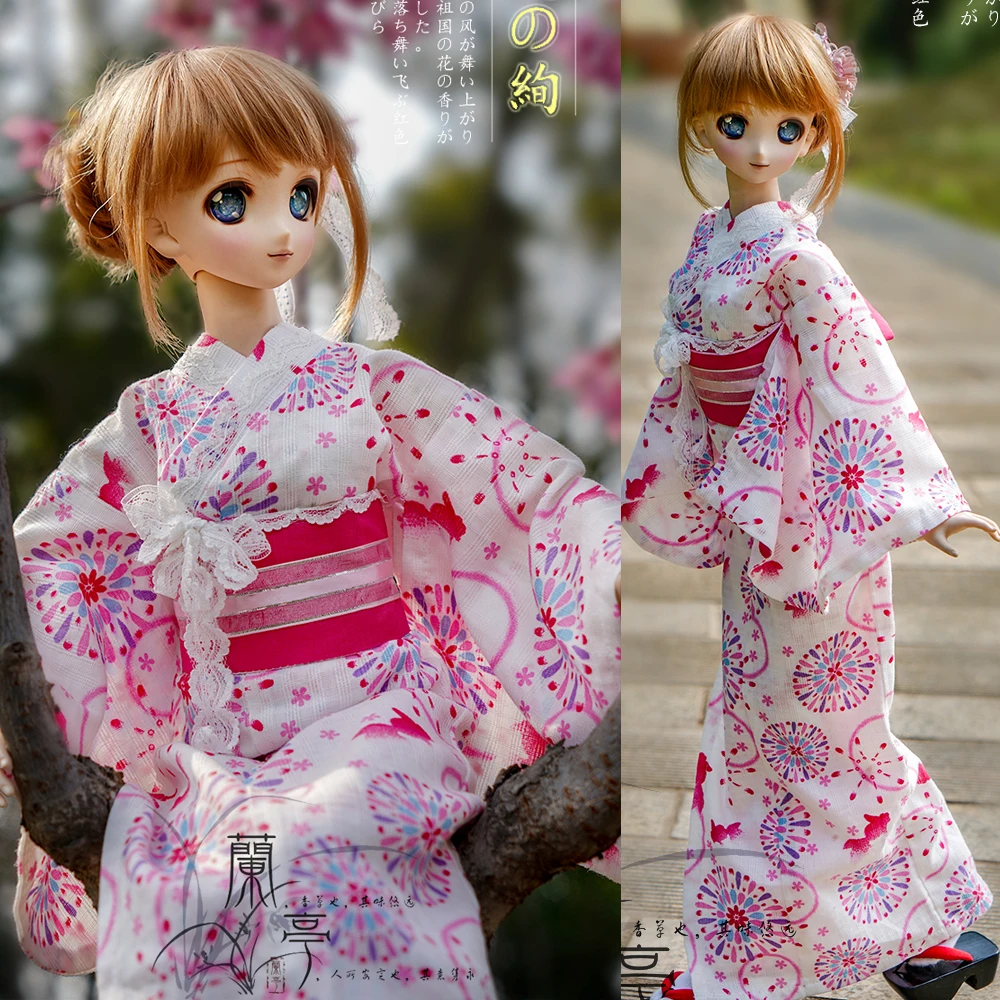 New BJD doll clothes 1/6 1/4 1/3 pink fireworks kimono dd msd uncle yosd  elegant yukata cherry blossom umbrella doll accessories