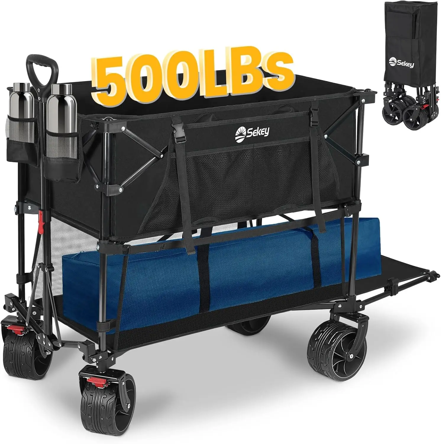 400L Large Capacity Folding Double Decker Wagon with Brakes 50" Extra Long Extender Wagon Cart 500lbs Heavy Duty